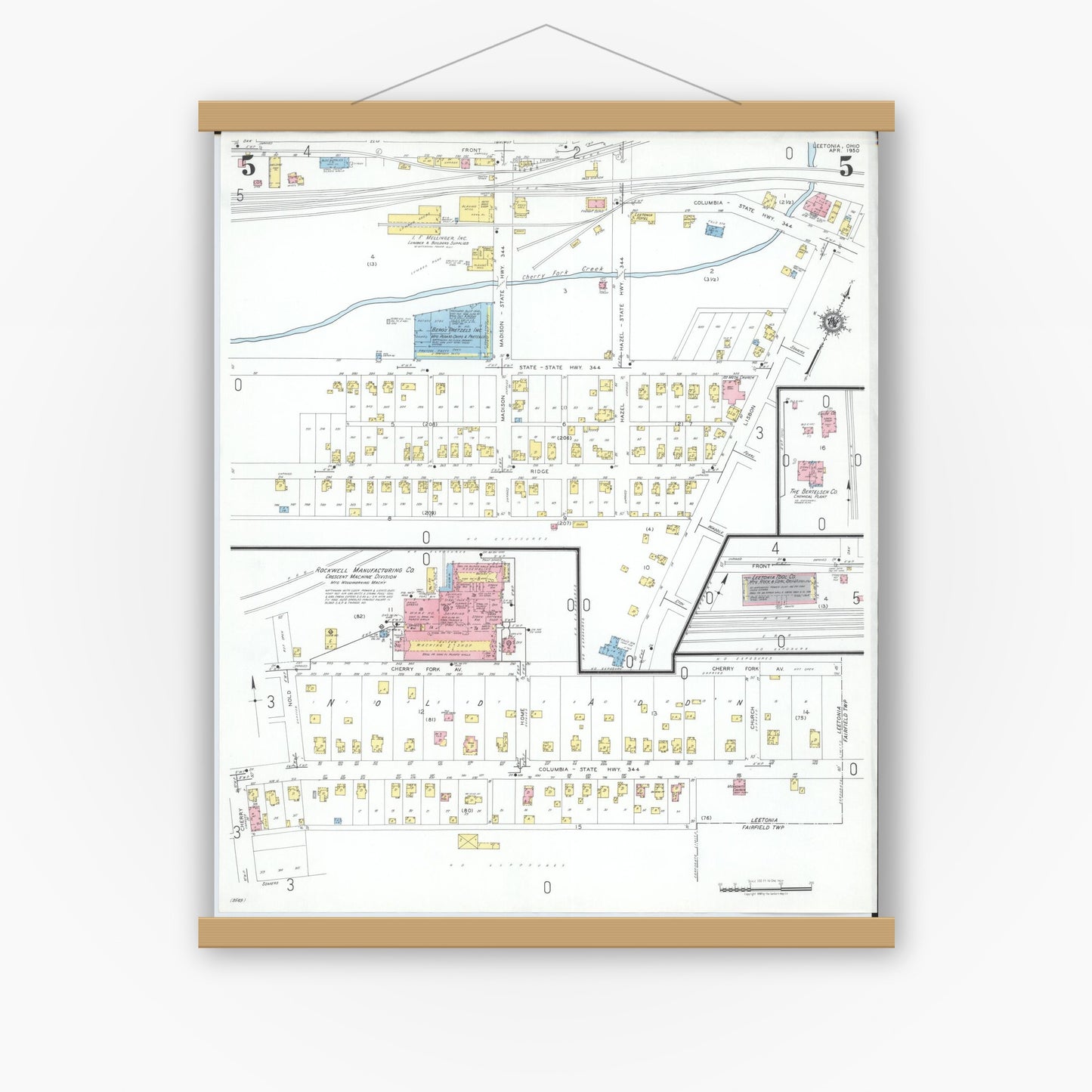 Old map wall art mockup — magnetic wood frame on white wall — Sanborn Fire Insurance Map from Leetonia, Columbiana County, Ohio (1950), Sheet #0005