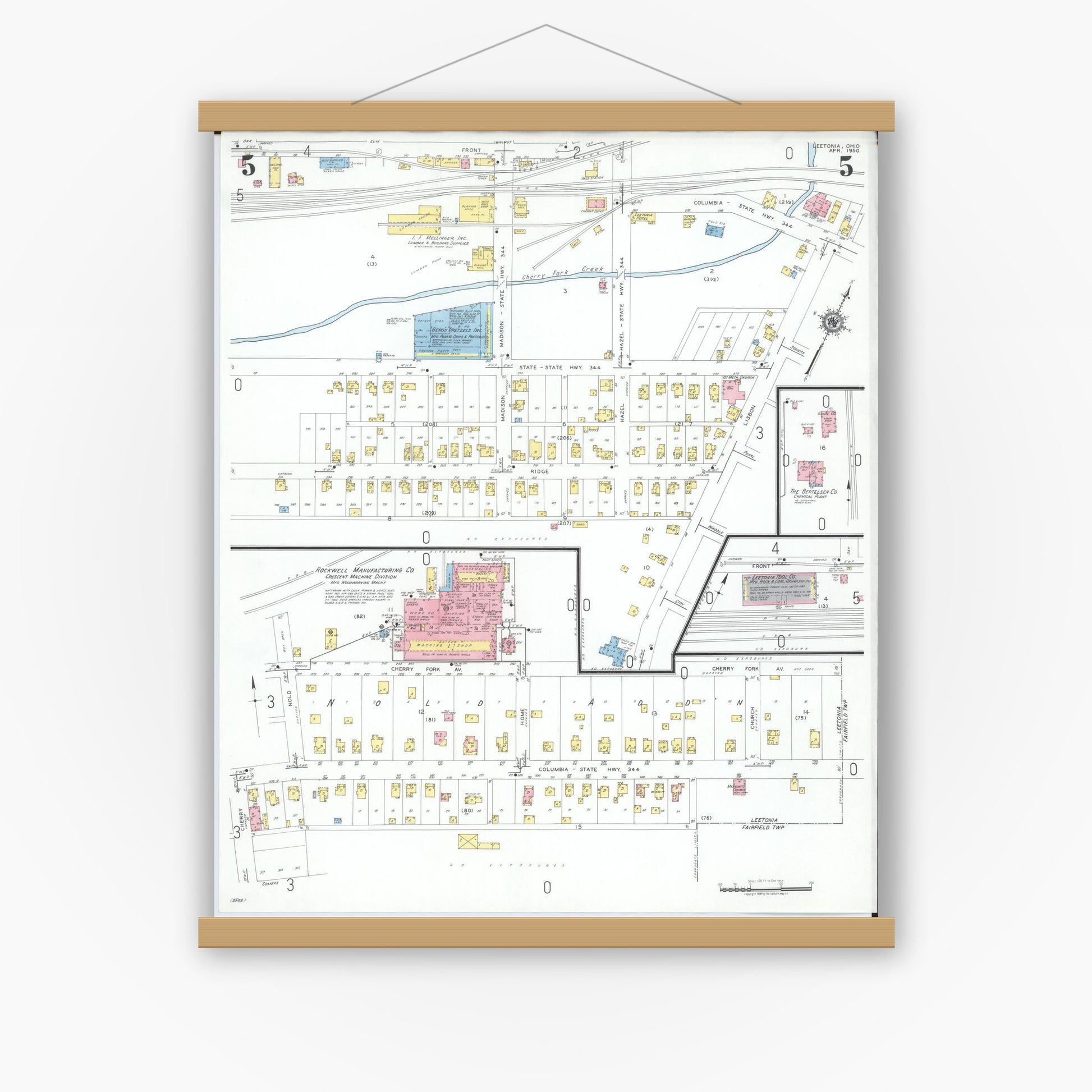 Old map wall art mockup — magnetic wood frame on white wall — Sanborn Fire Insurance Map from Leetonia, Columbiana County, Ohio (1950), Sheet #0005