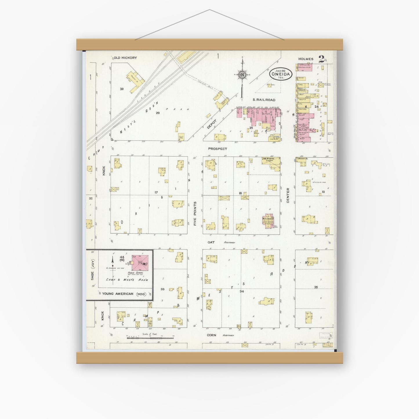 Old map wall art mockup — magnetic wood frame on white wall — Sanborn Fire Insurance Map from Oneida, Knox County, Illinois (1910), Sheet #0002