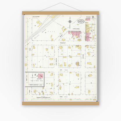 Old map wall art mockup — magnetic wood frame on white wall — Sanborn Fire Insurance Map from Oneida, Knox County, Illinois (1910), Sheet #0002