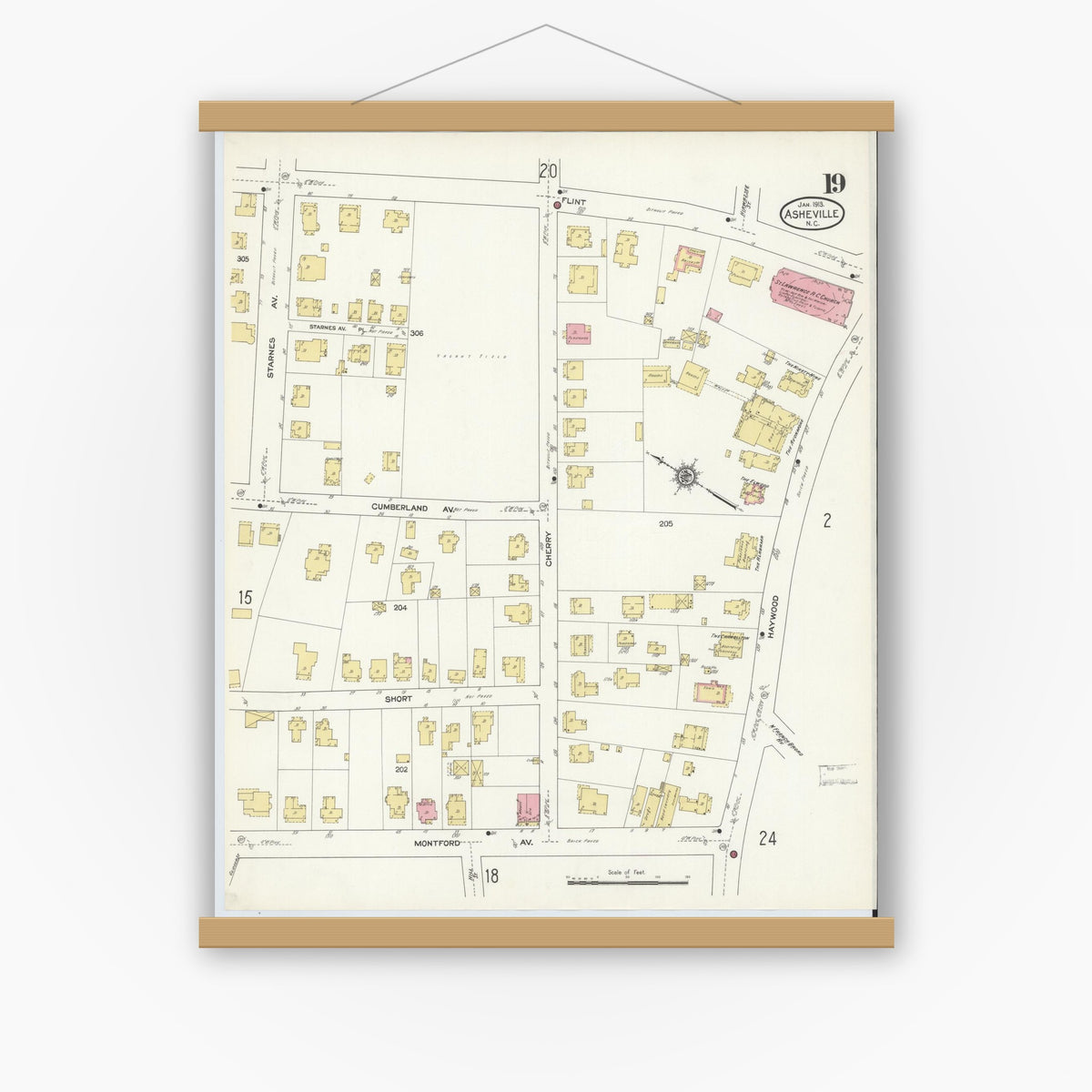 Old map wall art mockup — magnetic wood frame on white wall — Sanborn Fire Insurance Map from Asheville, Buncombe County, North Carolina (1913), Sheet #0019