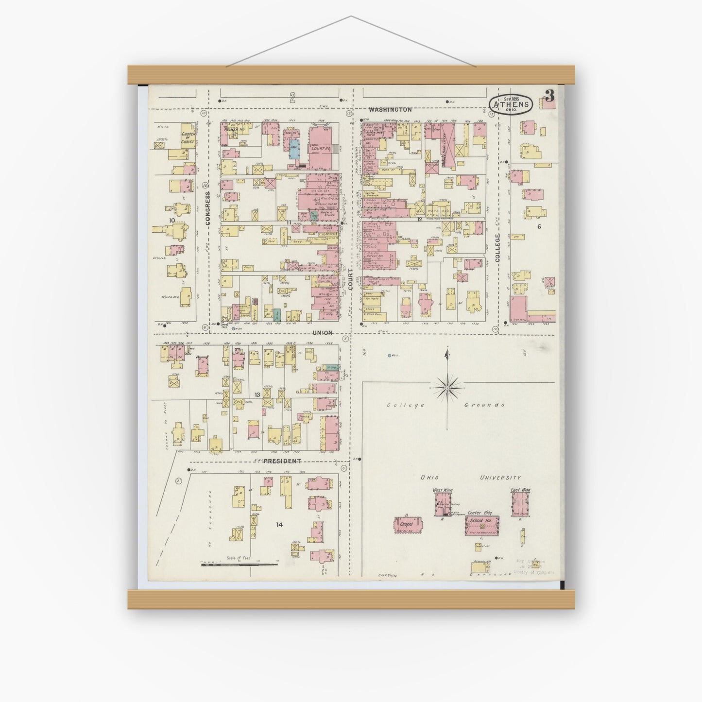 Old map wall art mockup — magnetic wood frame on white wall — Sanborn Fire Insurance Map from Athens, Athens County, Ohio (1895), Sheet #0003