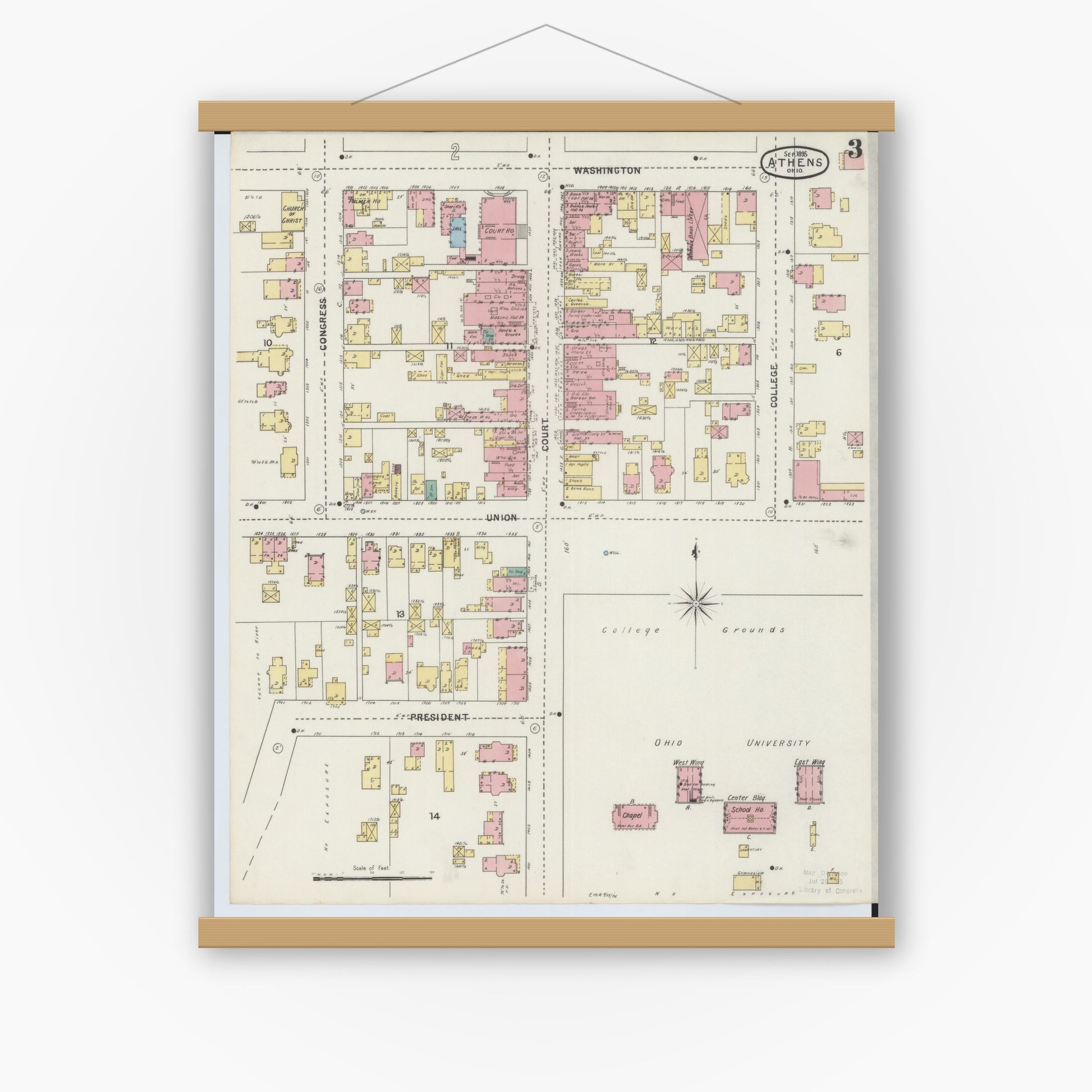 Old map wall art mockup — magnetic wood frame on white wall — Sanborn Fire Insurance Map from Athens, Athens County, Ohio (1895), Sheet #0003