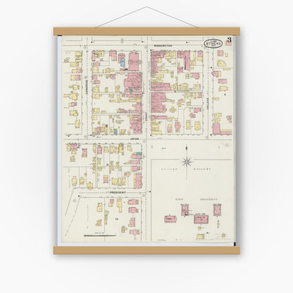 Old map wall art mockup — magnetic wood frame on white wall — Sanborn Fire Insurance Map from Athens, Athens County, Ohio (1895), Sheet #0003