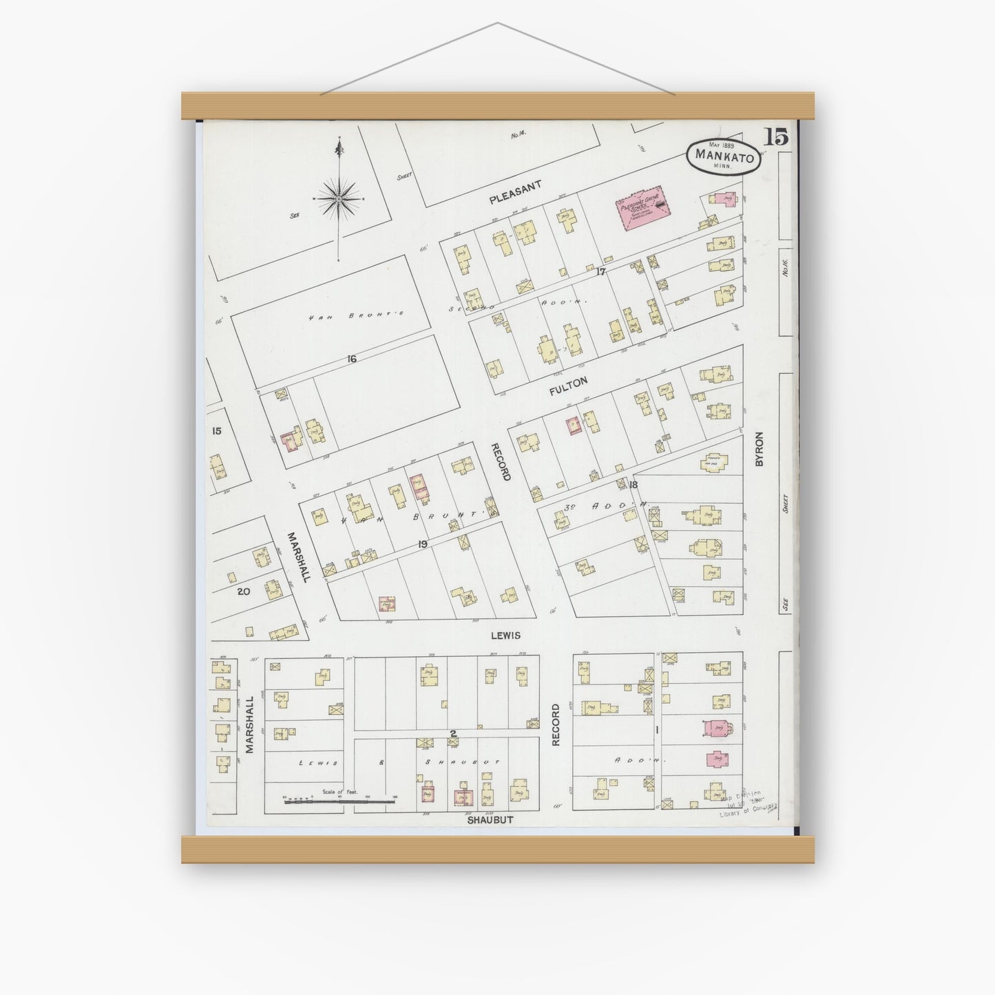 Old map wall art mockup — magnetic wood frame on white wall — Sanborn Fire Insurance Map from Mankato, Blue Earth County, Minnesota (1889), Sheet #0015