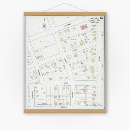 Old map wall art mockup — magnetic wood frame on white wall — Sanborn Fire Insurance Map from Mankato, Blue Earth County, Minnesota (1889), Sheet #0015
