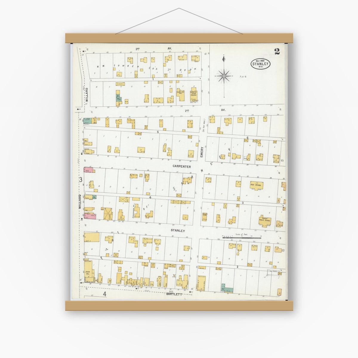 Old map wall art mockup — magnetic wood frame on white wall — Sanborn Fire Insurance Map from Stanley, Chippewa County, Wisconsin (1900), Sheet #0002