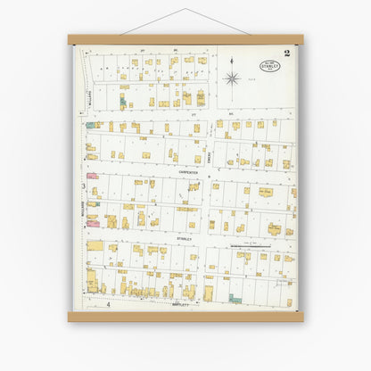 Old map wall art mockup — magnetic wood frame on white wall — Sanborn Fire Insurance Map from Stanley, Chippewa County, Wisconsin (1900), Sheet #0002