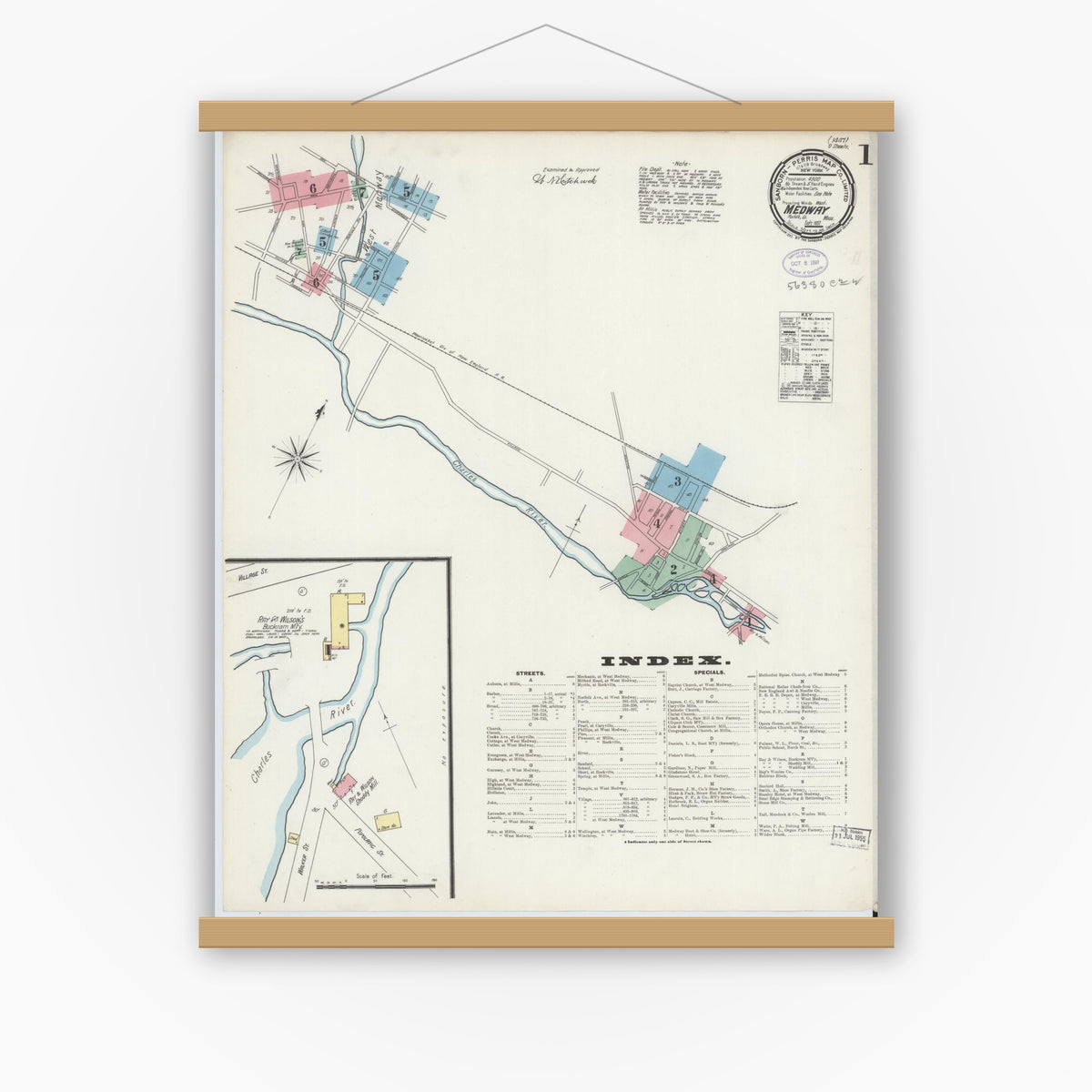 Old map wall art mockup — magnetic wood frame on white wall — Sanborn Fire Insurance Map from Medway, Norfolk County, Massachusetts (1897) - Complete Map Set