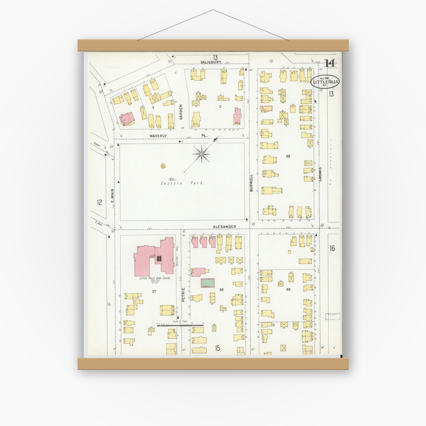 Old map wall art mockup — magnetic wood frame on white wall — Sanborn Fire Insurance Map from Little Falls, Herkimer County, New York (1900), Sheet #0014