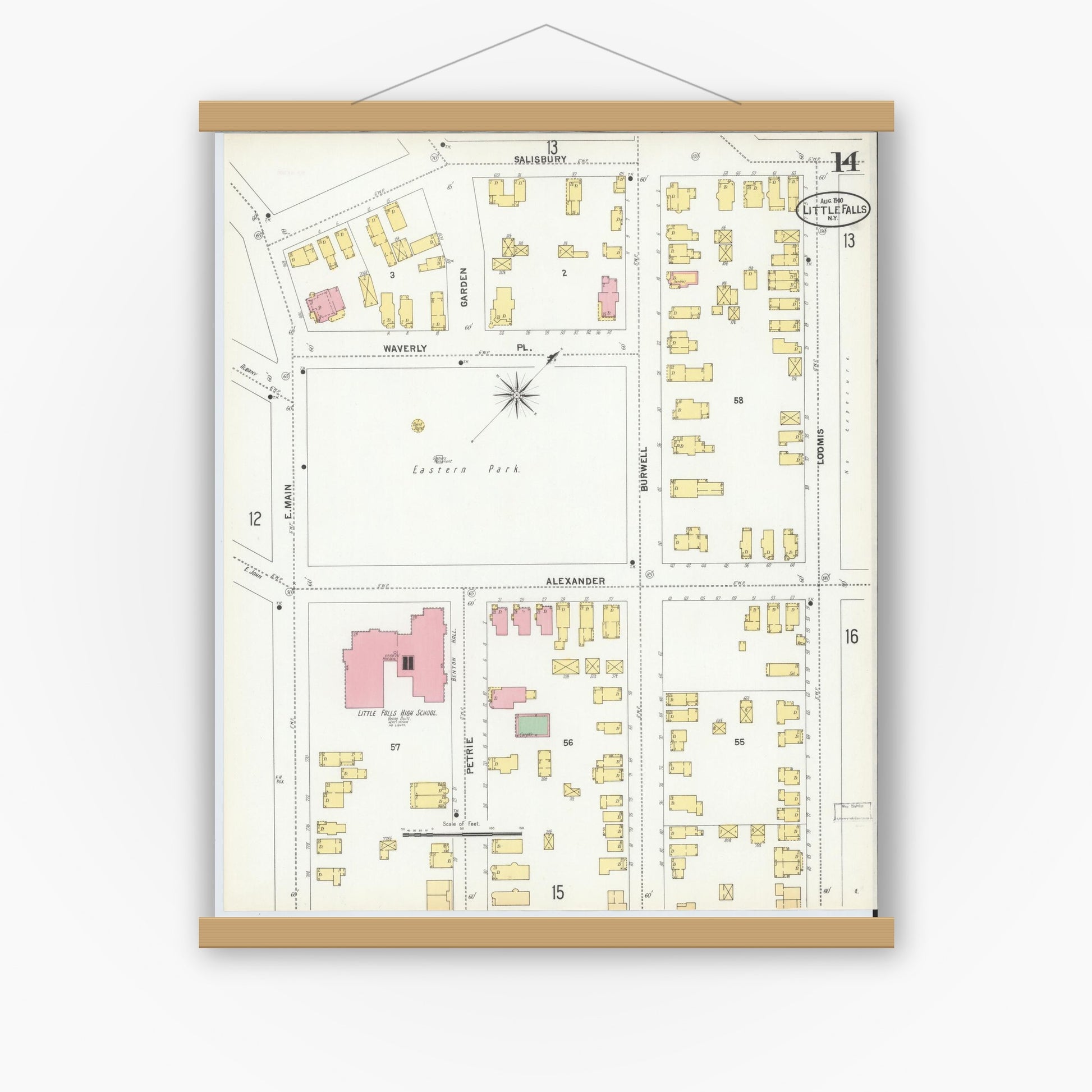 Old map wall art mockup — magnetic wood frame on white wall — Sanborn Fire Insurance Map from Little Falls, Herkimer County, New York (1900), Sheet #0014