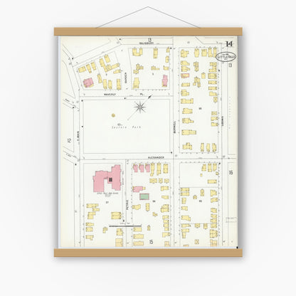 Old map wall art mockup — magnetic wood frame on white wall — Sanborn Fire Insurance Map from Little Falls, Herkimer County, New York (1900), Sheet #0014