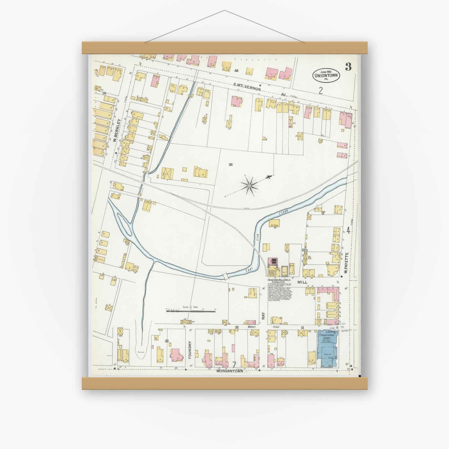 Old map wall art mockup — magnetic wood frame on white wall — Sanborn Fire Insurance Map from Uniontown, Fayette County, Pennsylvania (1901), Sheet #0003