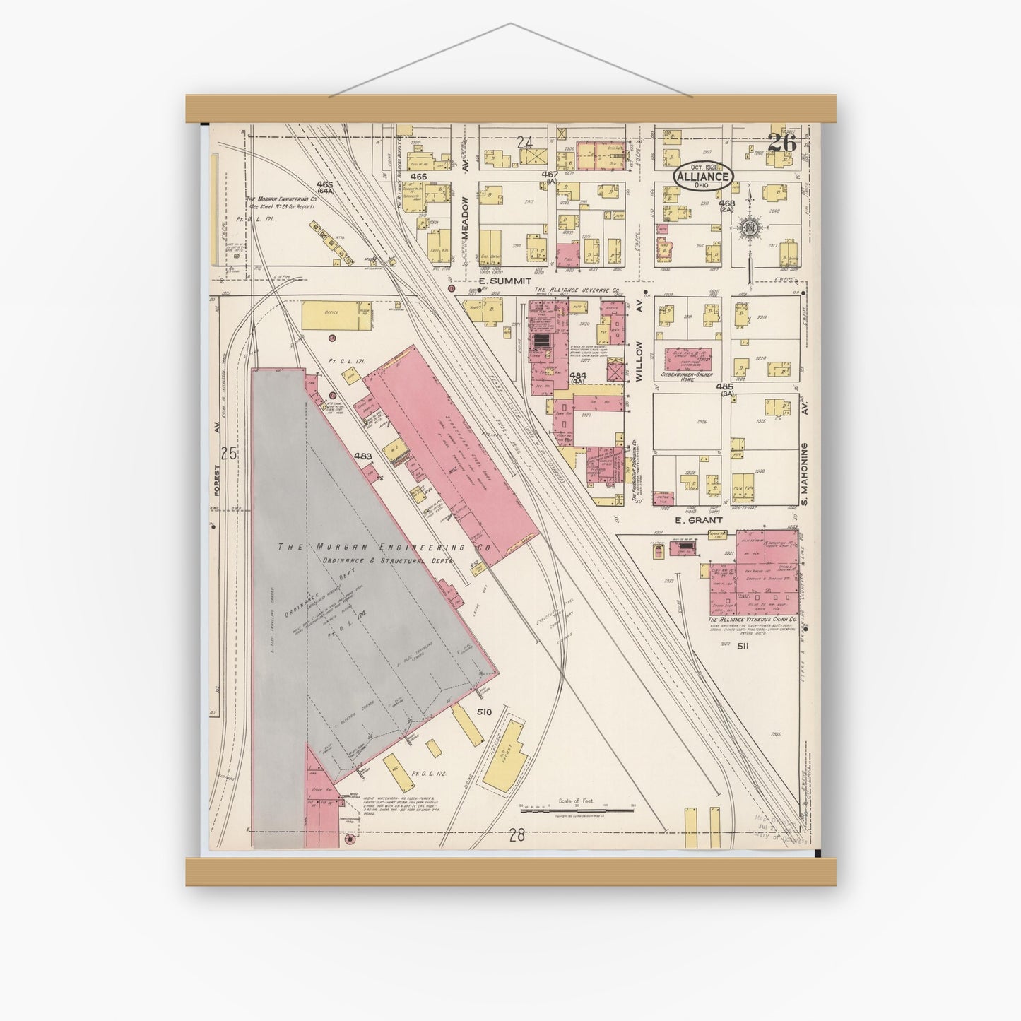Old map wall art mockup — magnetic wood frame on white wall — Sanborn Fire Insurance Map from Alliance, Stark County, Ohio (1921), Sheet #0026