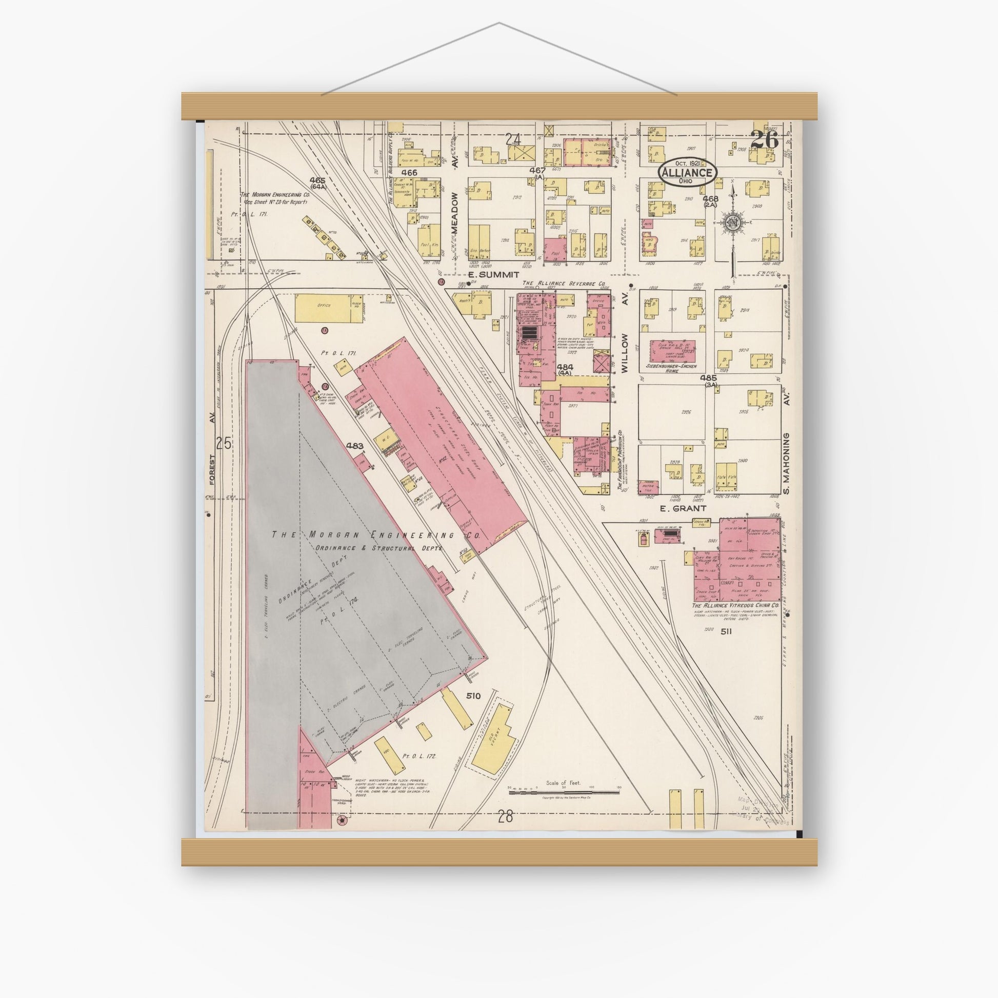Old map wall art mockup — magnetic wood frame on white wall — Sanborn Fire Insurance Map from Alliance, Stark County, Ohio (1921), Sheet #0026