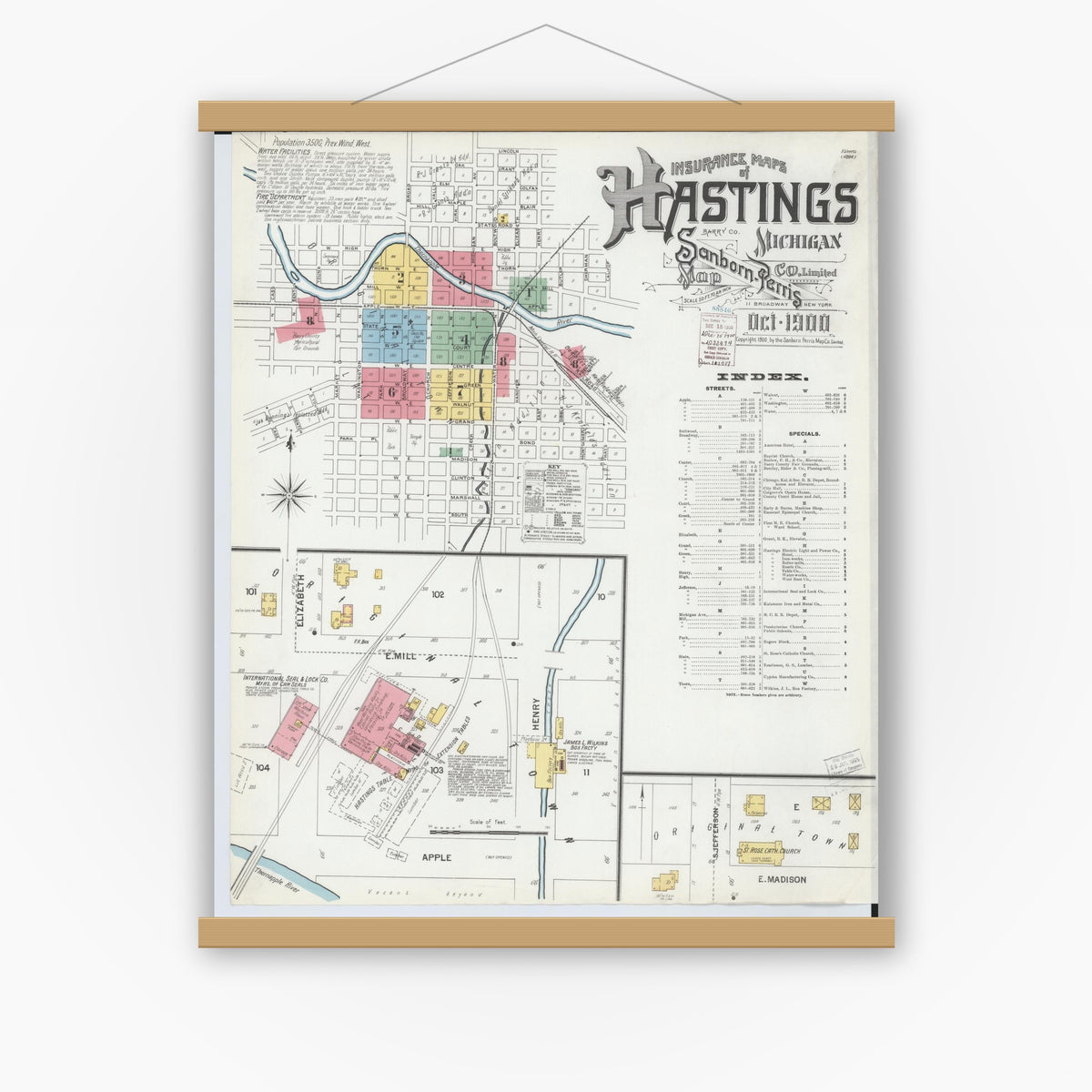 Old map wall art mockup — magnetic wood frame on white wall — Sanborn Fire Insurance Map from Hastings, Barry County, Michigan (1900) - Complete Map Set