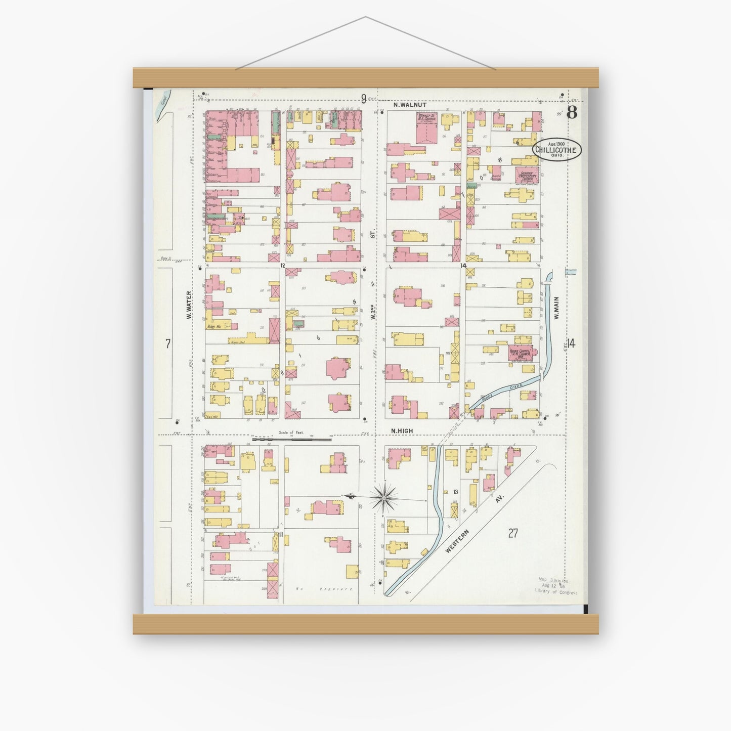Old map wall art mockup — magnetic wood frame on white wall — Sanborn Fire Insurance Map from Chillicothe, Ross County, Ohio (1900), Sheet #0008