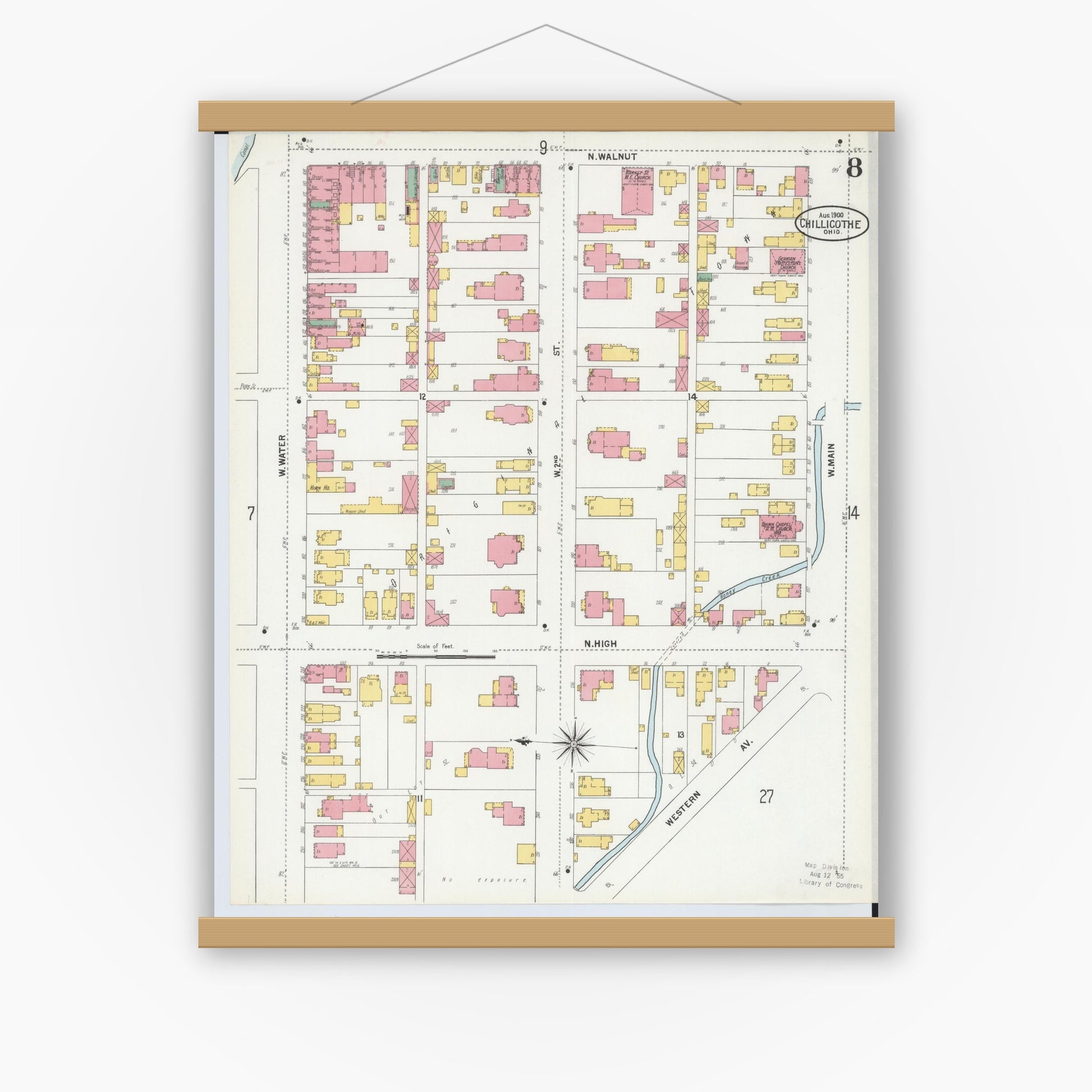 Old map wall art mockup — magnetic wood frame on white wall — Sanborn Fire Insurance Map from Chillicothe, Ross County, Ohio (1900), Sheet #0008