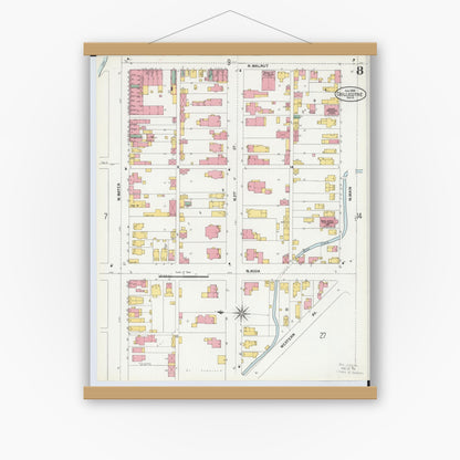 Old map wall art mockup — magnetic wood frame on white wall — Sanborn Fire Insurance Map from Chillicothe, Ross County, Ohio (1900), Sheet #0008
