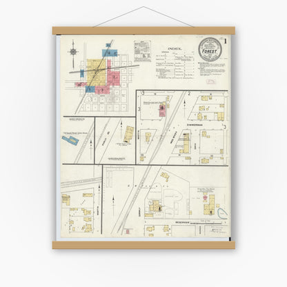 Old map wall art mockup — magnetic wood frame on white wall — Sanborn Fire Insurance Map from Forest, Hardin County, Ohio (1911), Sheet #0001