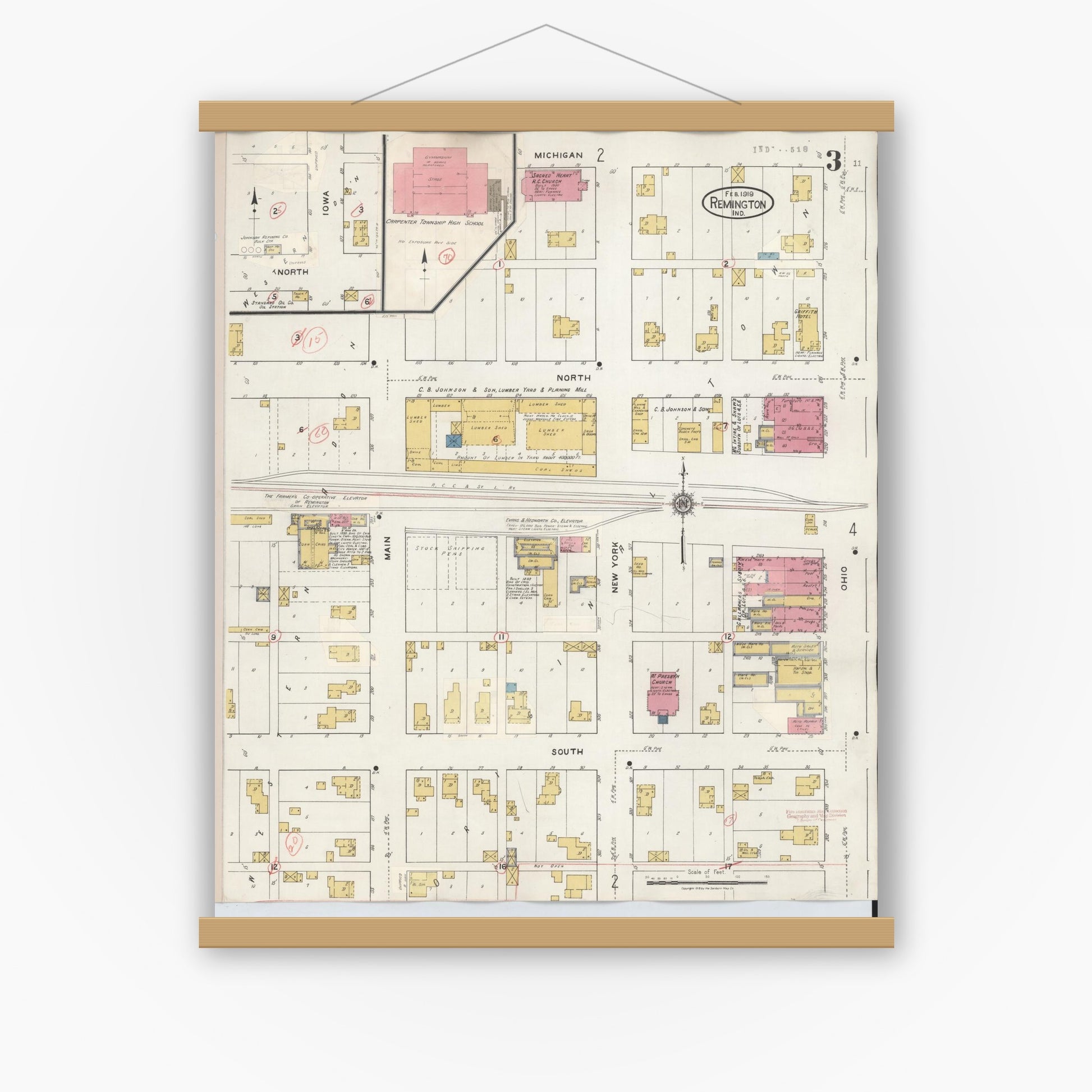 Old map wall art mockup — magnetic wood frame on white wall — Sanborn Fire Insurance Map from Remington, Jasper County, Indiana (1932), Sheet #0003