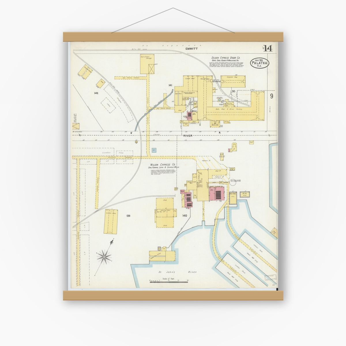 Old map wall art mockup — magnetic wood frame on white wall — Sanborn Fire Insurance Map from Palatka, Putnam County, Florida (1903), Sheet #0014