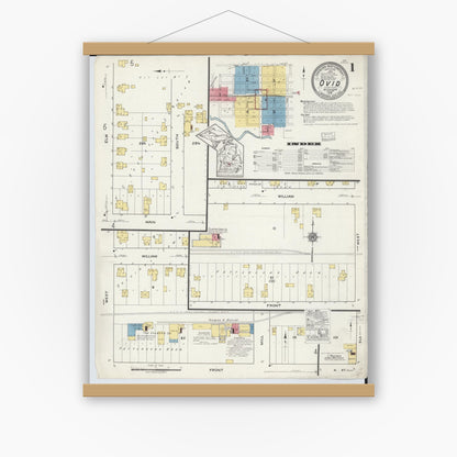Old map wall art mockup — magnetic wood frame on white wall — Sanborn Fire Insurance Map from Ovid, Clinton County, Michigan (1918) - Complete Map Set