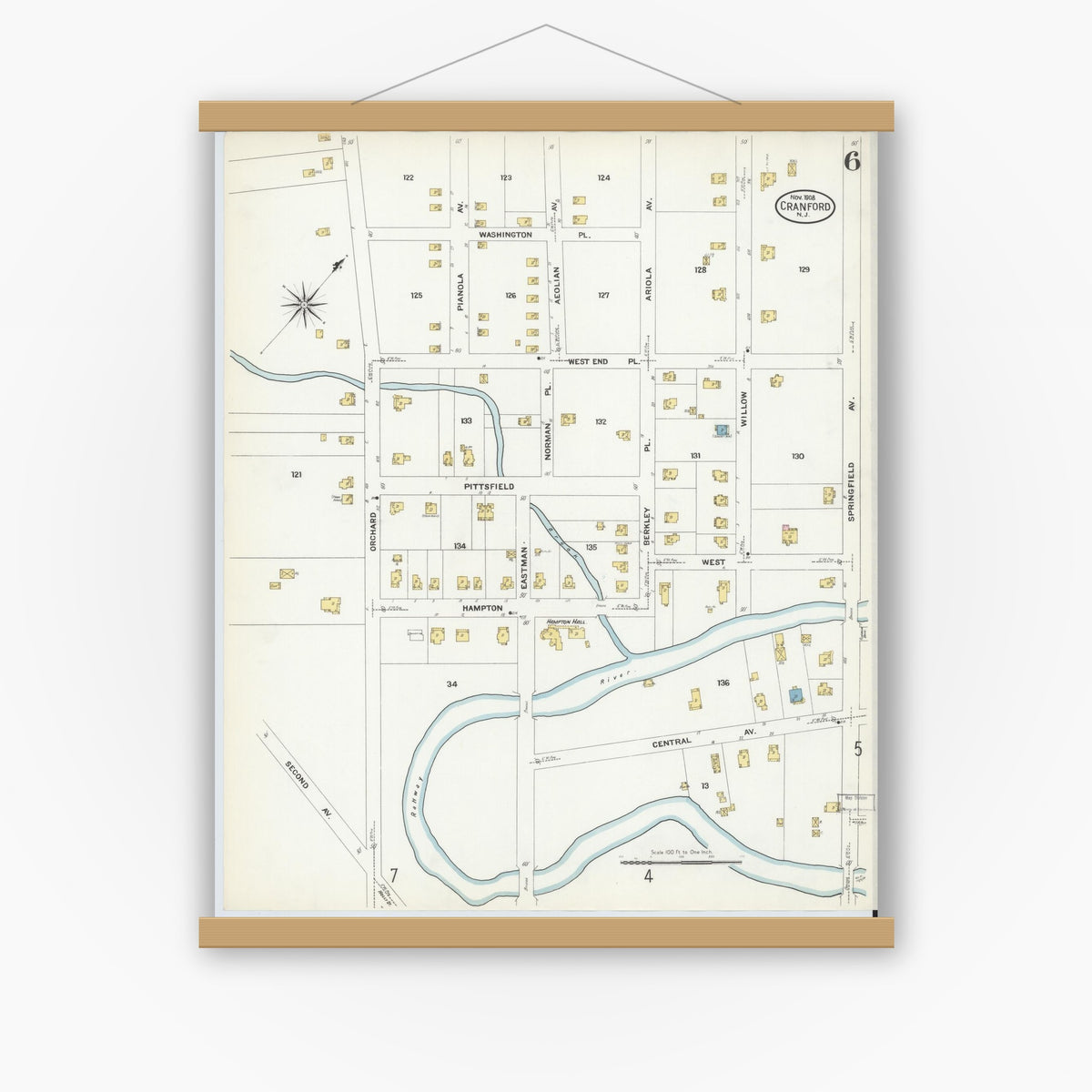 Old map wall art mockup — magnetic wood frame on white wall — Sanborn Fire Insurance Map from Cranford, Union County, New Jersey (1908), Sheet #0006