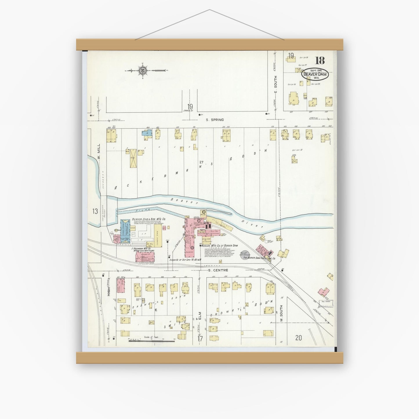 Old map wall art mockup — magnetic wood frame on white wall — Sanborn Fire Insurance Map from Beaver Dam, Dodge County, Wisconsin (1914), Sheet #0018