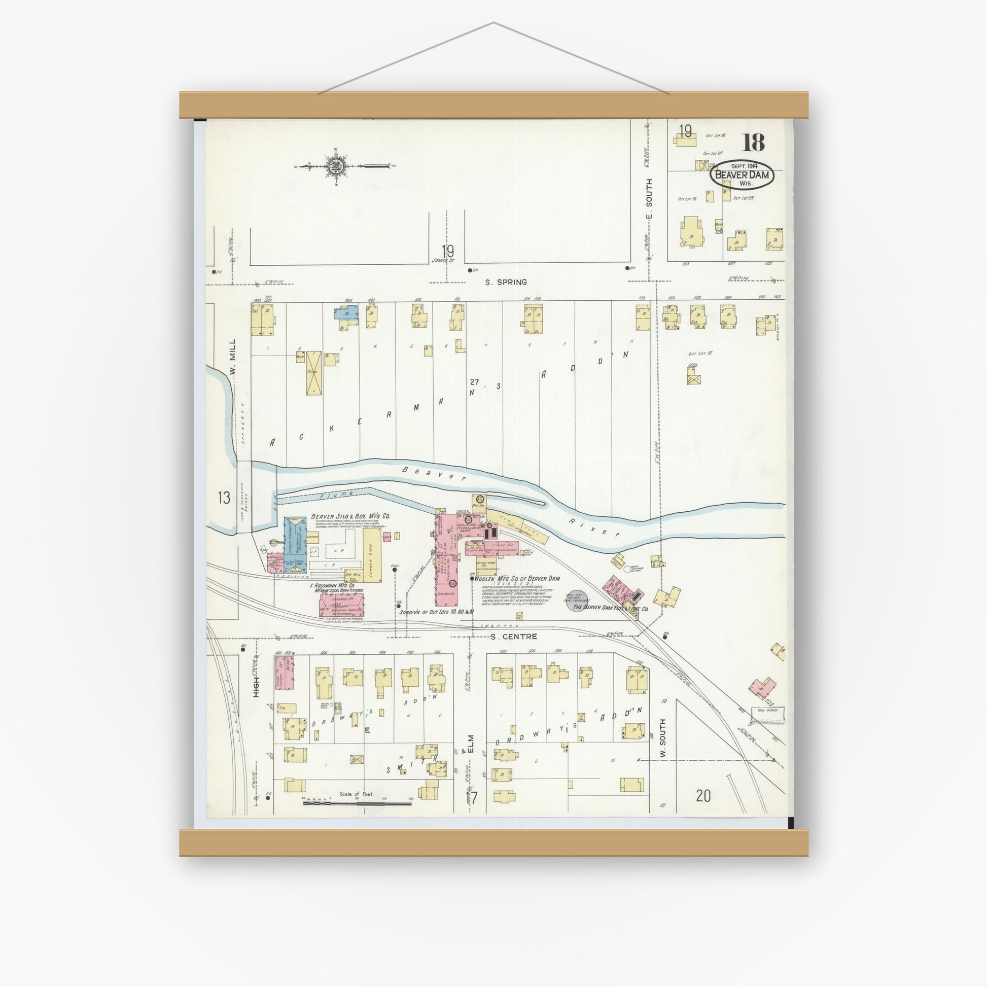 Old map wall art mockup — magnetic wood frame on white wall — Sanborn Fire Insurance Map from Beaver Dam, Dodge County, Wisconsin (1914), Sheet #0018