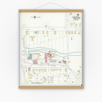 Old map wall art mockup — magnetic wood frame on white wall — Sanborn Fire Insurance Map from Beaver Dam, Dodge County, Wisconsin (1914), Sheet #0018