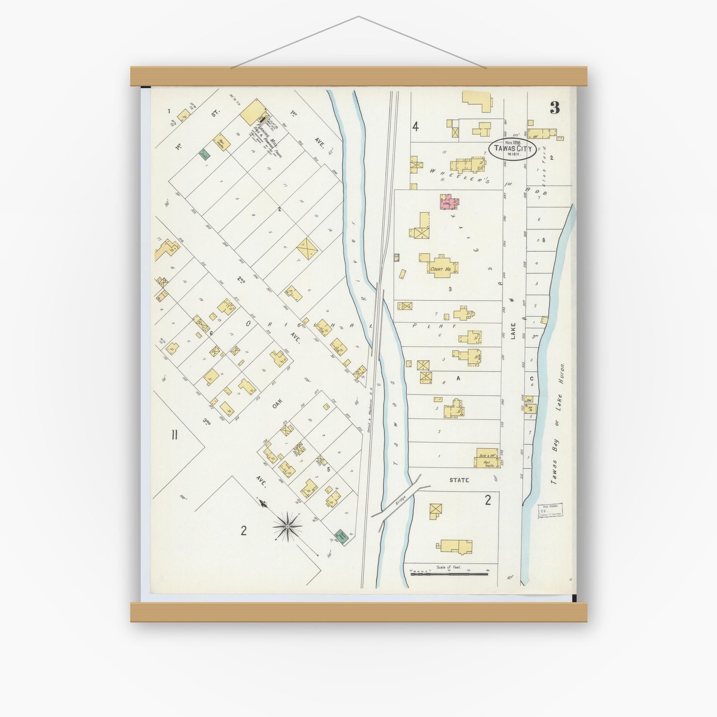 Old map wall art mockup — magnetic wood frame on white wall — Sanborn Fire Insurance Map from Tawas City, Iosco County, Michigan (1898), Sheet #0003
