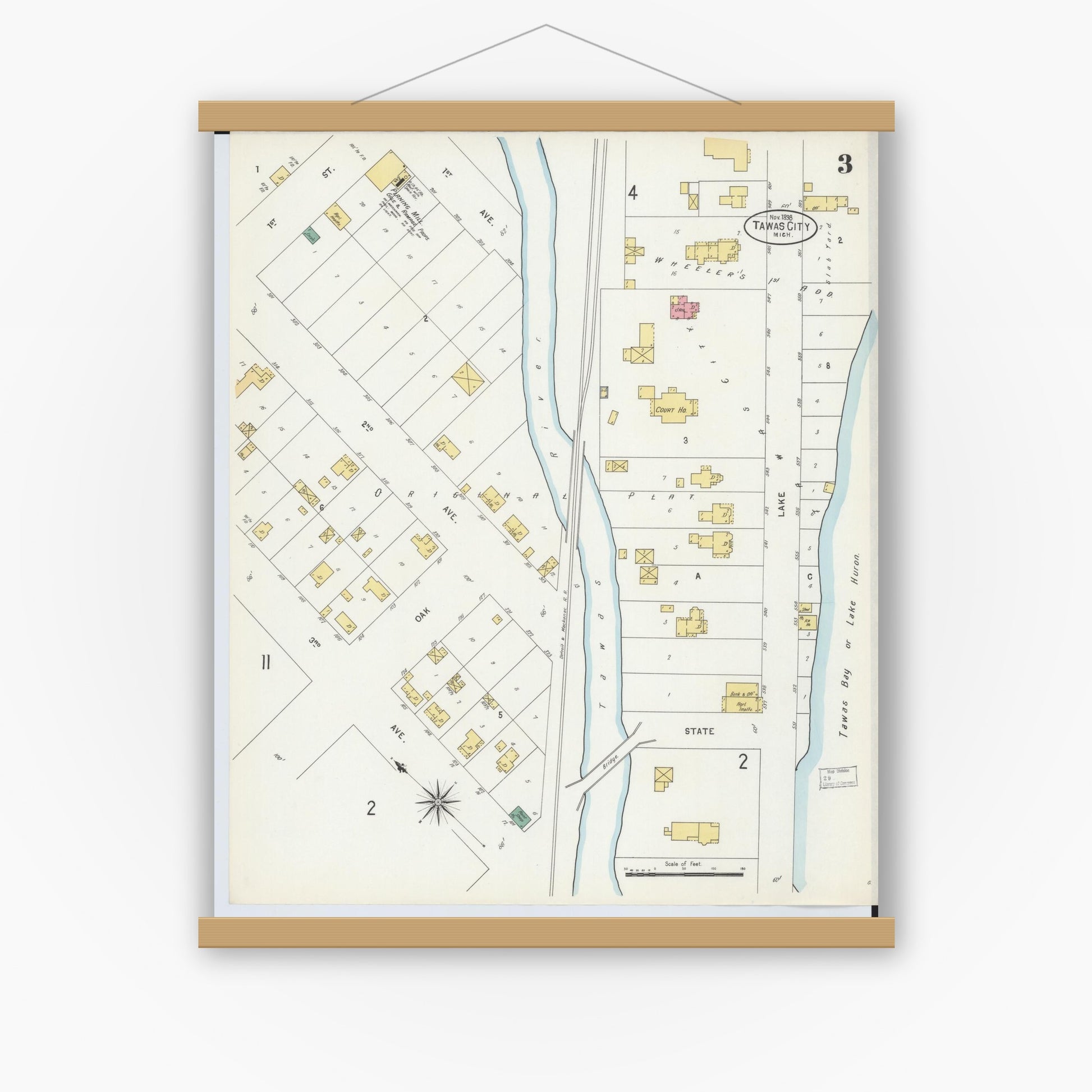 Old map wall art mockup — magnetic wood frame on white wall — Sanborn Fire Insurance Map from Tawas City, Iosco County, Michigan (1898), Sheet #0003