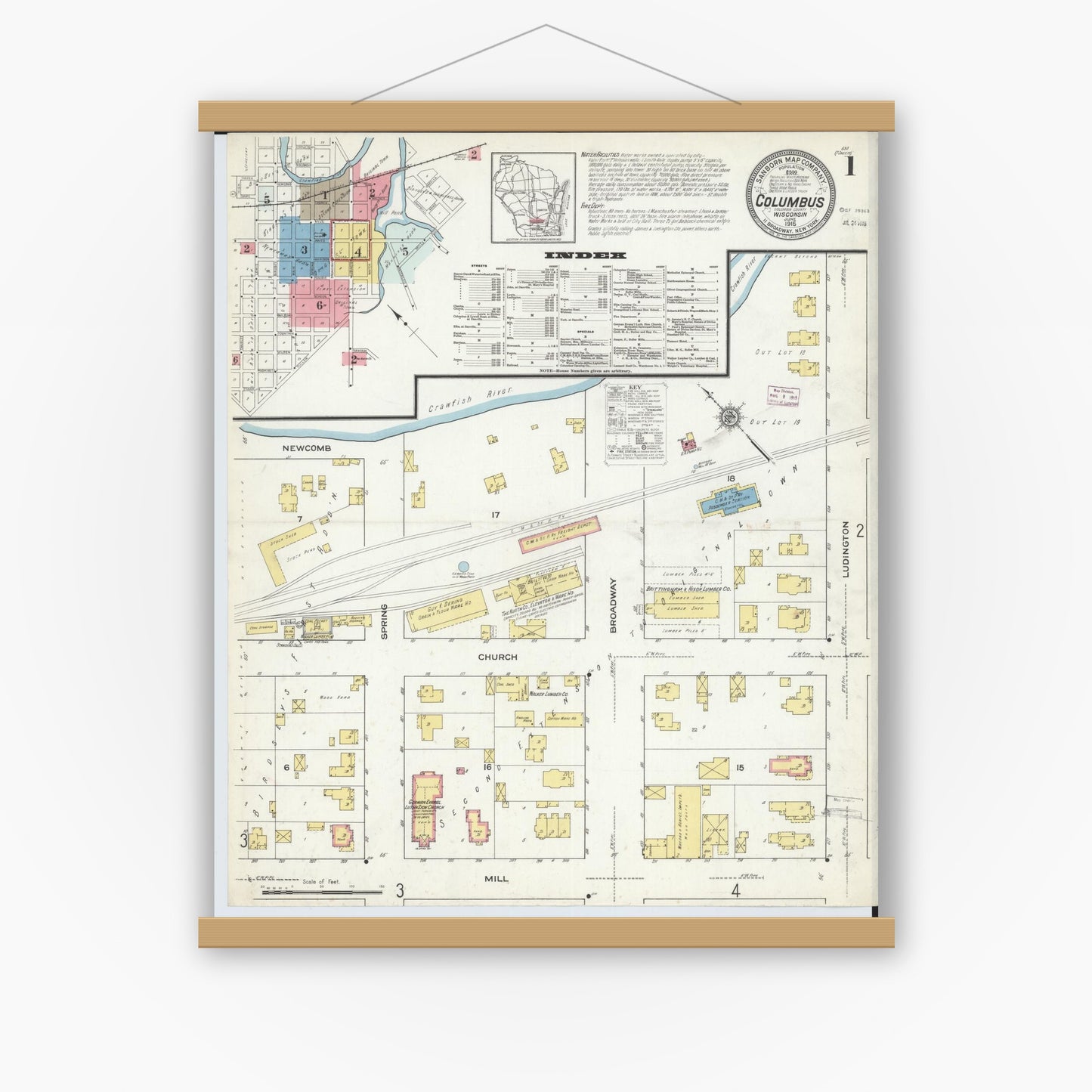 Old map wall art mockup — magnetic wood frame on white wall — Sanborn Fire Insurance Map from Columbus, Columbia and Dodge County, Wisconsin (1915), Sheet #0001