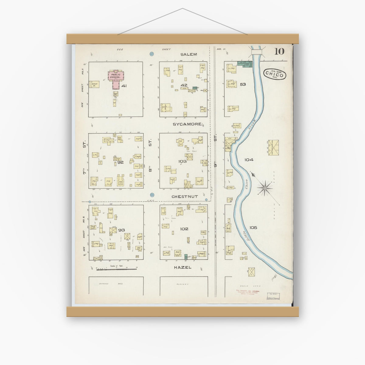Old map wall art mockup — magnetic wood frame on white wall — Sanborn Fire Insurance Map from Chico, Butte County, California (1886), Sheet #0010