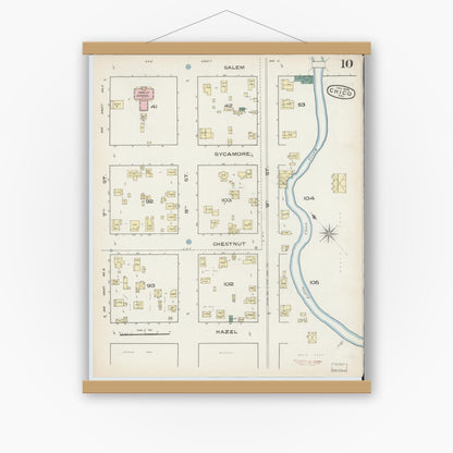 Old map wall art mockup — magnetic wood frame on white wall — Sanborn Fire Insurance Map from Chico, Butte County, California (1886), Sheet #0010