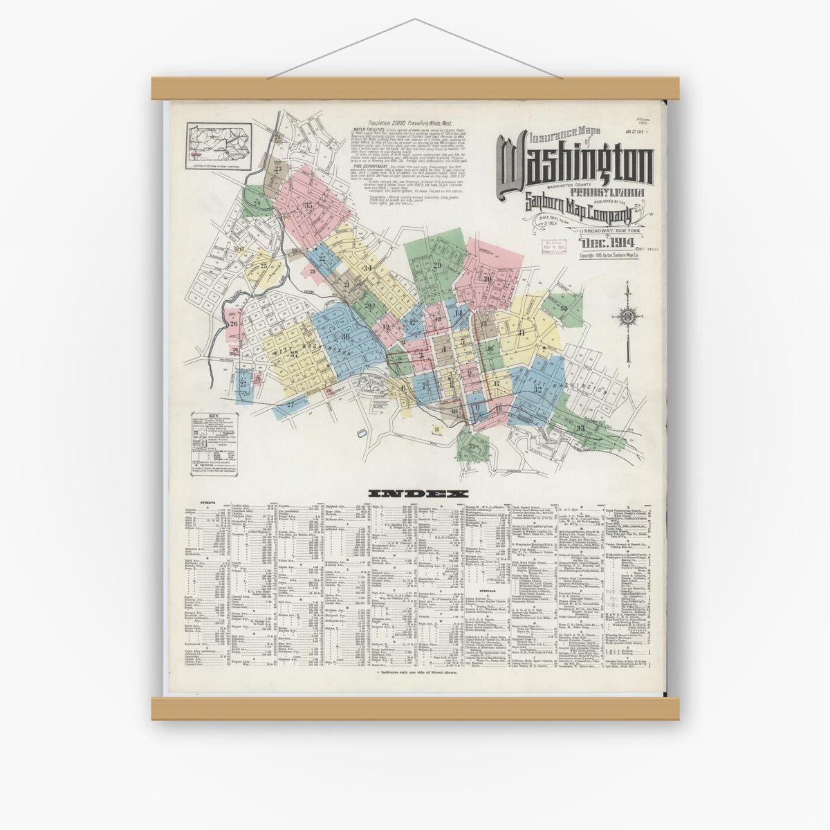 Old map wall art mockup — magnetic wood frame on white wall — Sanborn Fire Insurance Map from Washington, Washington County, Pennsylvania (1914) - Complete Map Set