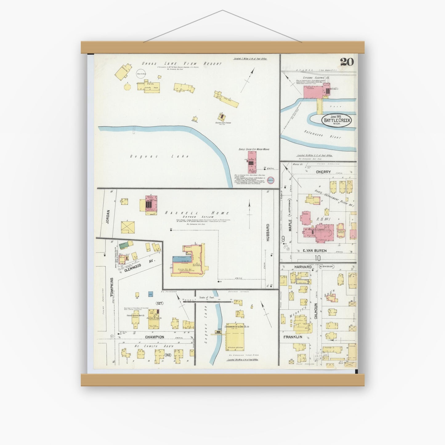 Old map wall art mockup — magnetic wood frame on white wall — Sanborn Fire Insurance Map from Battle Creek, Calhoun County, Michigan (1902), Sheet #0020