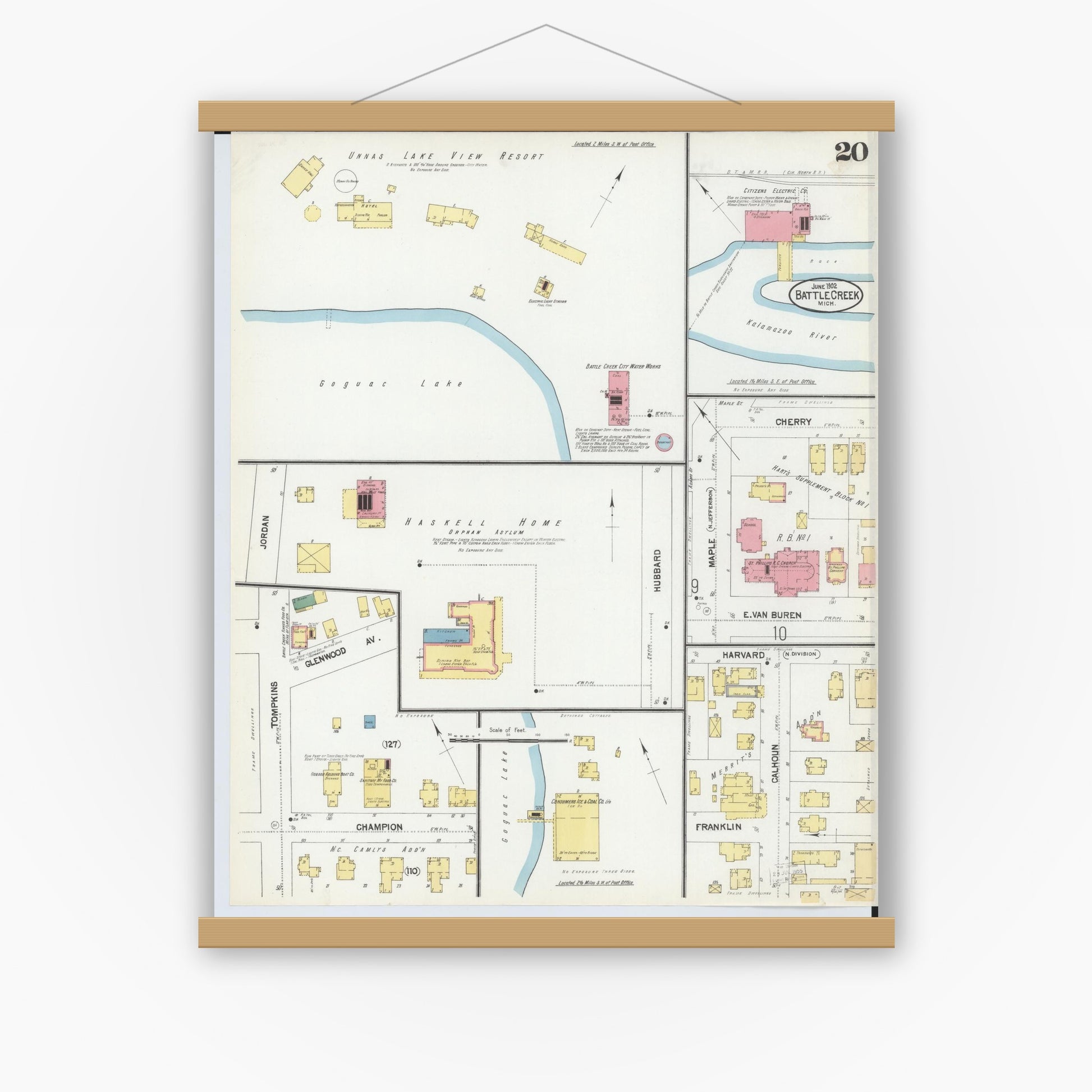 Old map wall art mockup — magnetic wood frame on white wall — Sanborn Fire Insurance Map from Battle Creek, Calhoun County, Michigan (1902), Sheet #0020