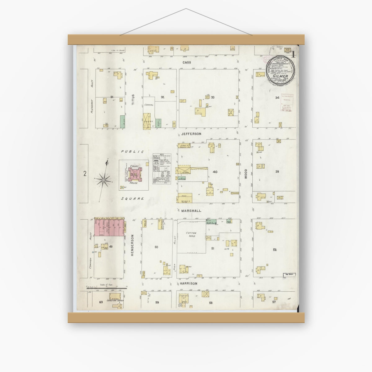 Old map wall art mockup — magnetic wood frame on white wall — Sanborn Fire Insurance Map from Gilmer, Upshur County, Texas (1896) - Complete Map Set