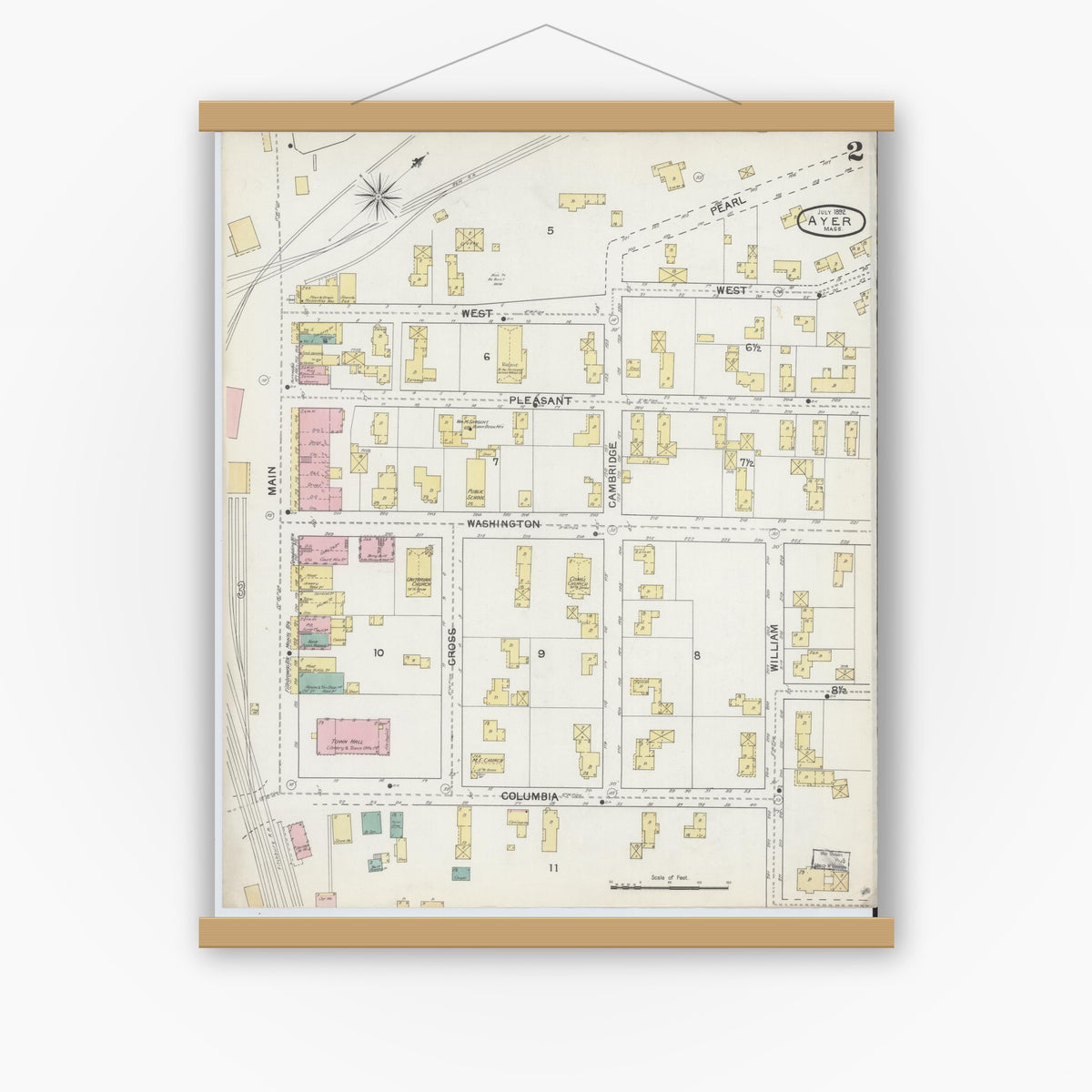 Old map wall art mockup — magnetic wood frame on white wall — Sanborn Fire Insurance Map from Ayer, Middlesex County, Massachusetts (1892), Sheet #0002