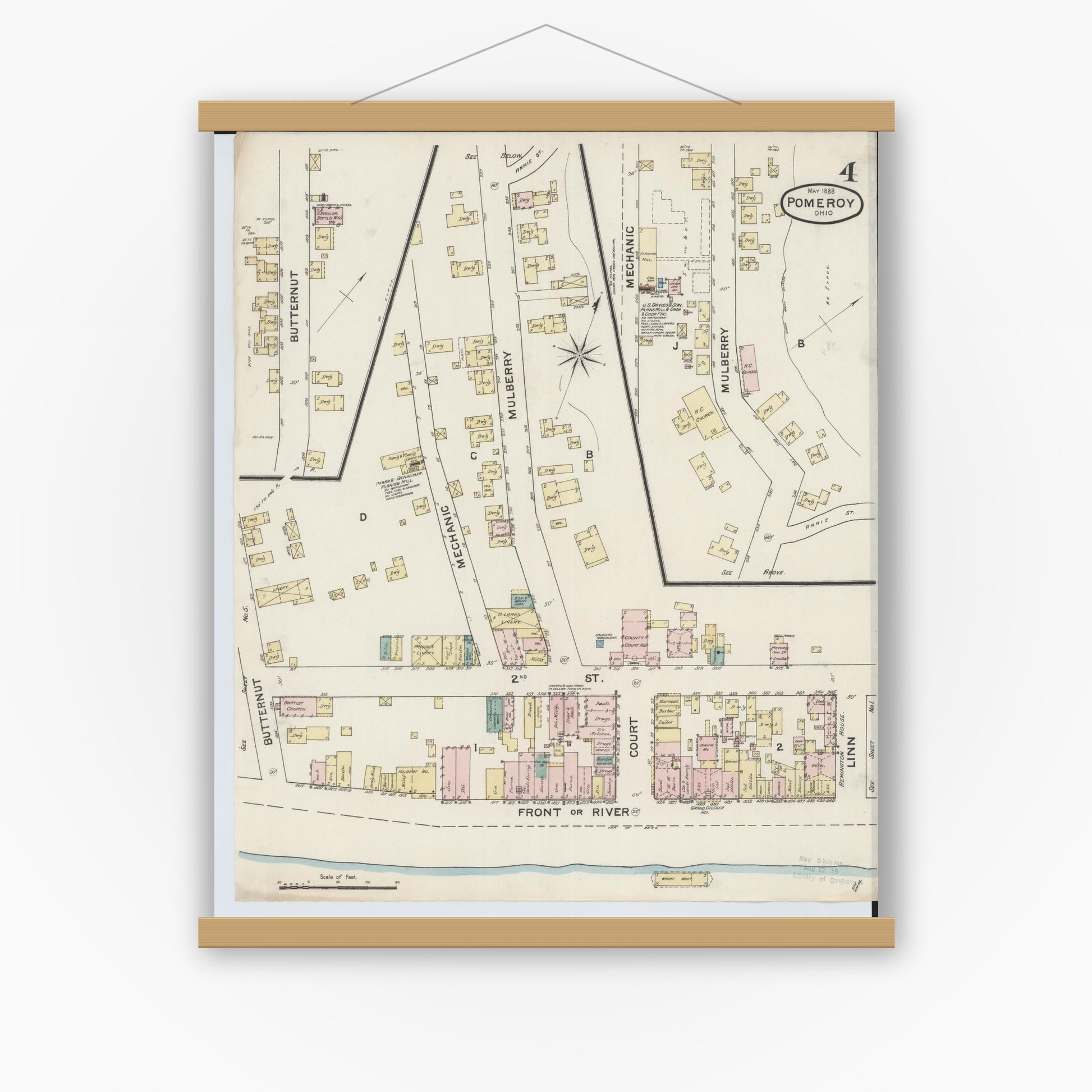 Old map wall art mockup — magnetic wood frame on white wall — Sanborn Fire Insurance Map from Pomeroy, Meigs County, Ohio (1888), Sheet #0004