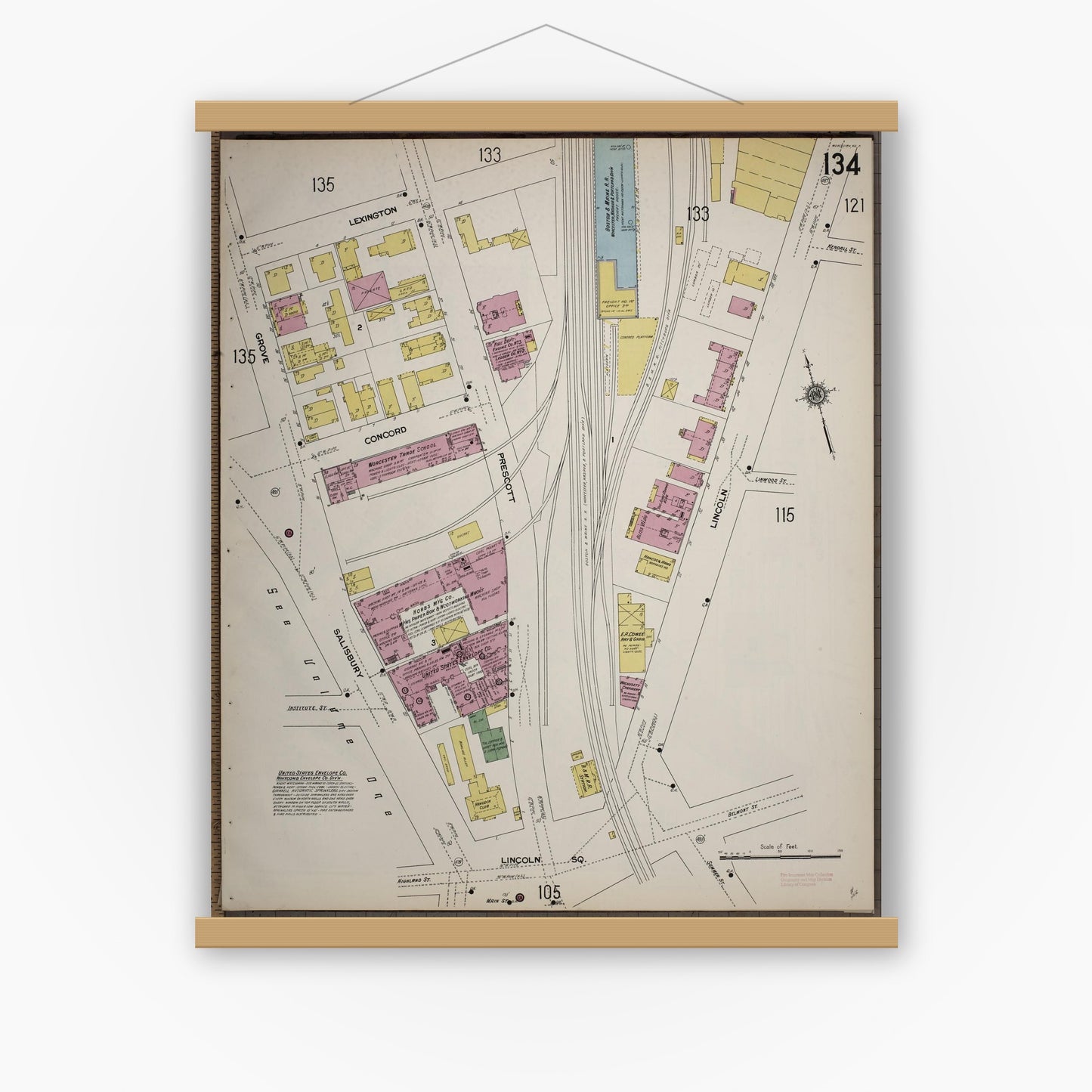Old map wall art mockup — magnetic wood frame on white wall — Sanborn Fire Insurance Map from Worcester, Worcester County, Massachusetts (1910), Sheet #0134