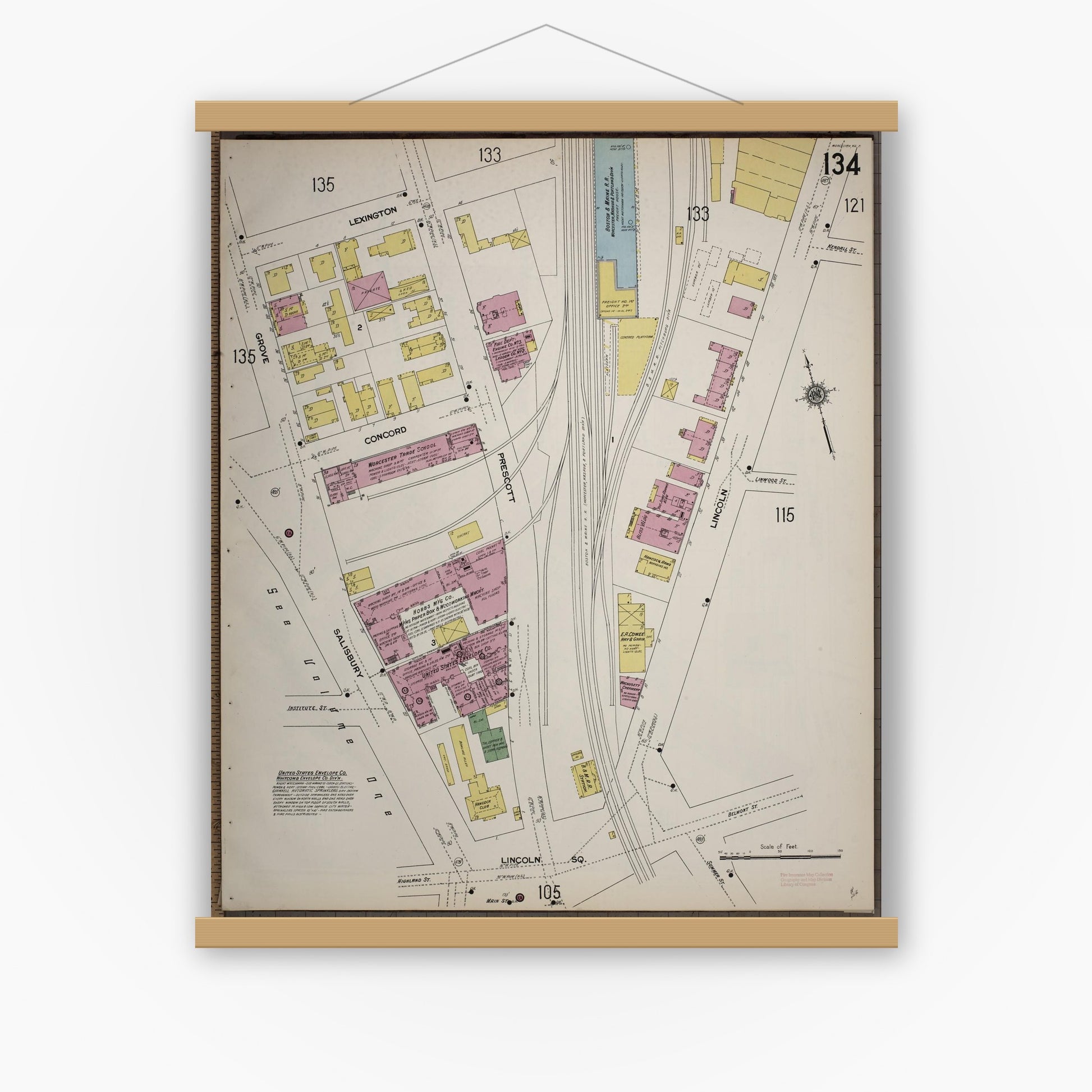 Old map wall art mockup — magnetic wood frame on white wall — Sanborn Fire Insurance Map from Worcester, Worcester County, Massachusetts (1910), Sheet #0134