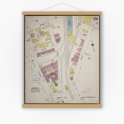 Old map wall art mockup — magnetic wood frame on white wall — Sanborn Fire Insurance Map from Worcester, Worcester County, Massachusetts (1910), Sheet #0134