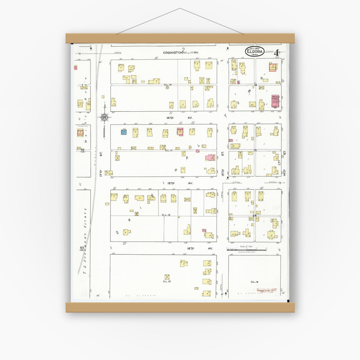 Old map wall art mockup — magnetic wood frame on white wall — Sanborn Fire Insurance Map from Eldora, Hardin County, Iowa (1920), Sheet #0004