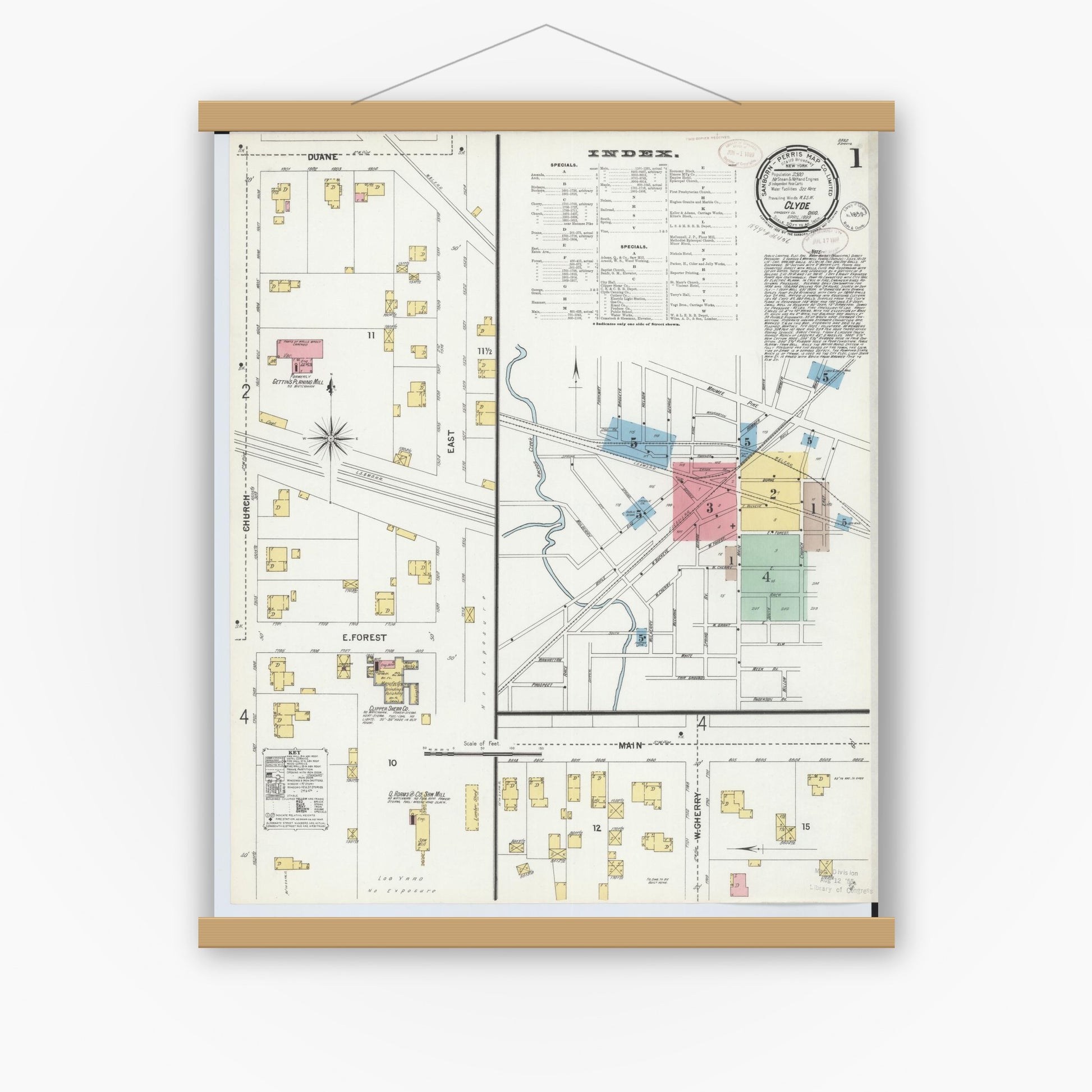 Old map wall art mockup — magnetic wood frame on white wall — Sanborn Fire Insurance Map from Clyde, Sandusky County, Ohio (1899), Sheet #0001
