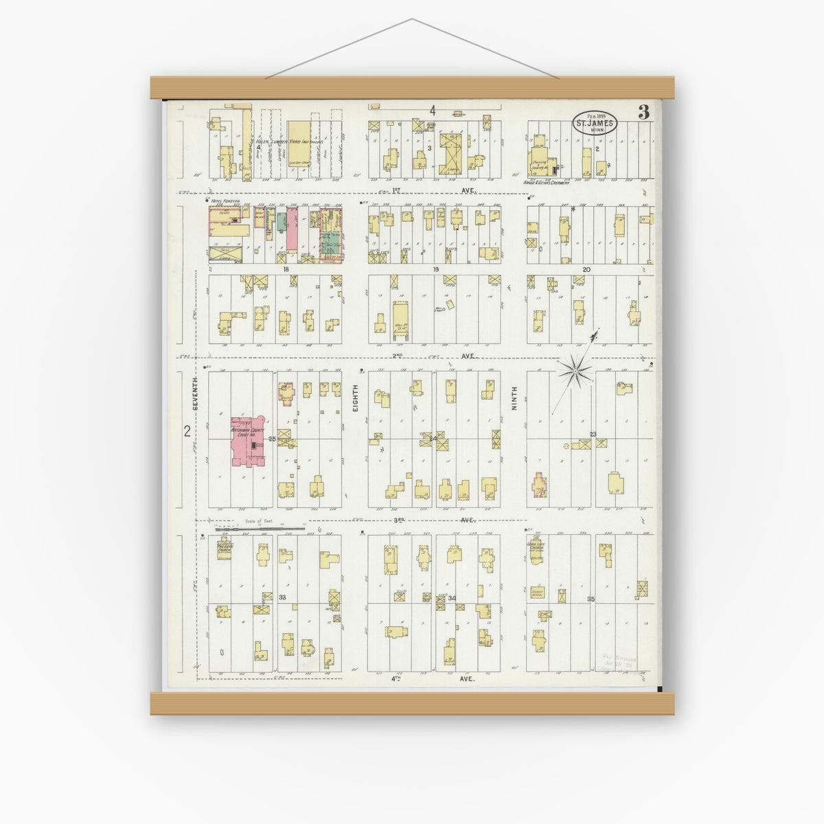Old map wall art mockup — magnetic wood frame on white wall — Sanborn Fire Insurance Map from Saint James, Watonwan County, Minnesota (1899), Sheet #0003