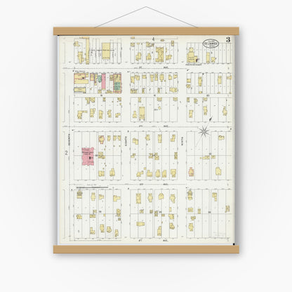Old map wall art mockup — magnetic wood frame on white wall — Sanborn Fire Insurance Map from Saint James, Watonwan County, Minnesota (1899), Sheet #0003