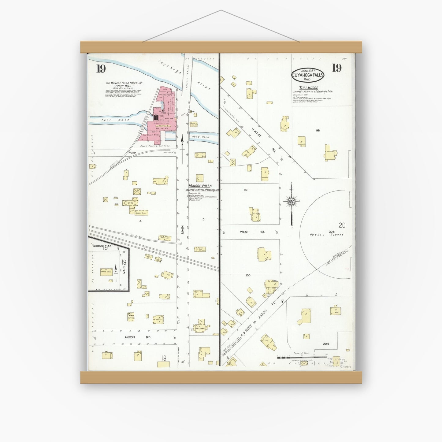 Old map wall art mockup — magnetic wood frame on white wall — Sanborn Fire Insurance Map from Cuyahoga Falls, Summit County, Ohio (1927), Sheet #0019